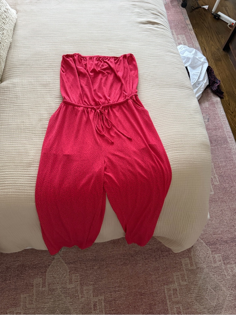 Express Strapless Red Jumpsuit with Drawstring Waist